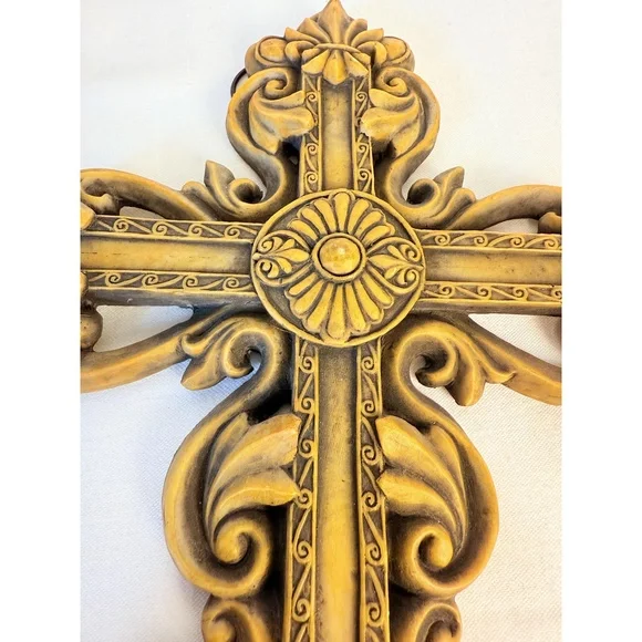 Ornate Gold Decorative Floral Fleur-de- lis Hanging Hook Baroque Wall Cross - Picture 7 of 13